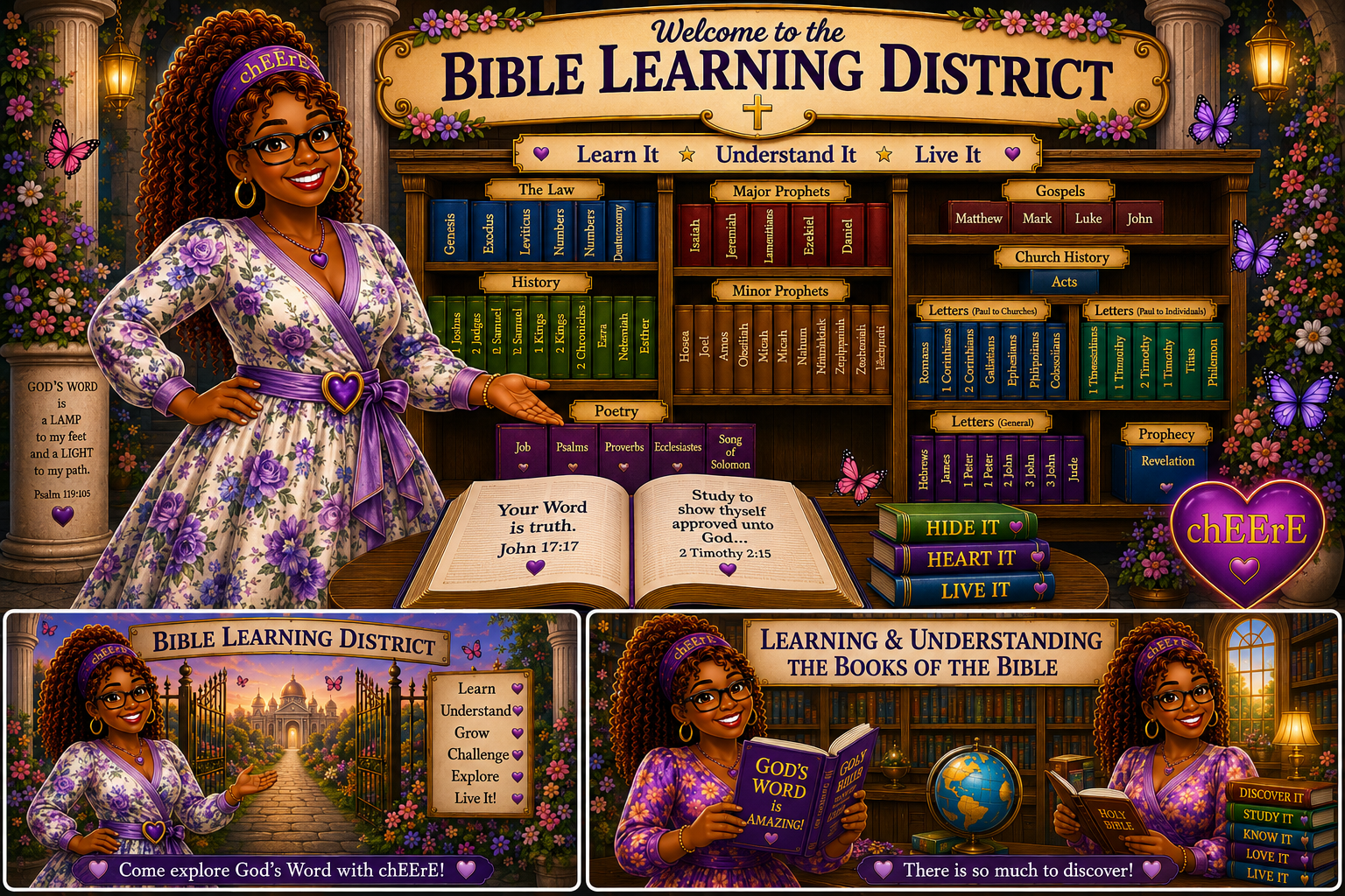 Bible Learning District with chEErE, bookshelf, Bible quiz, and Bible learning rooms