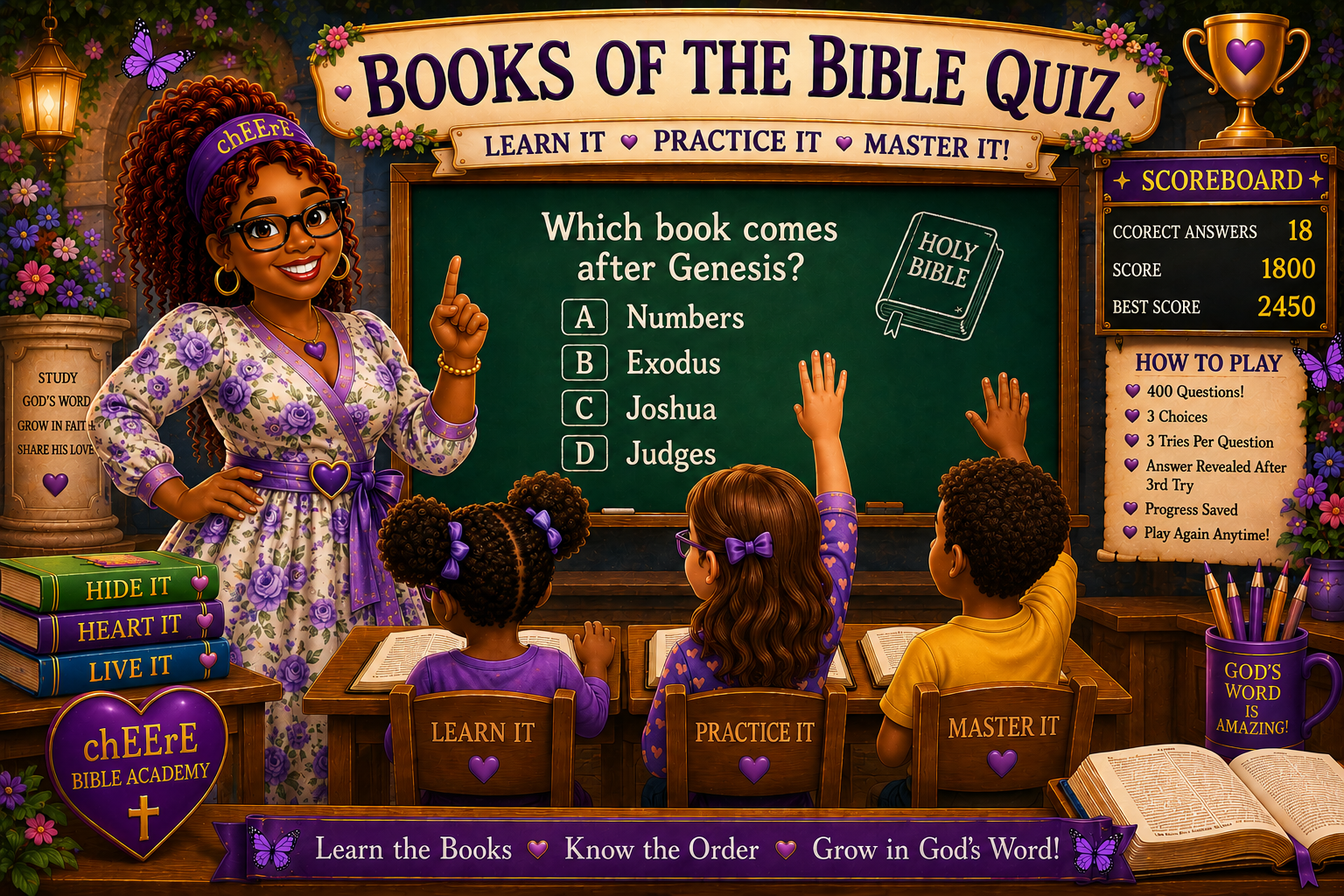 Books of the Bible Quiz classroom with chEErE, students, scoreboard, and Bible question