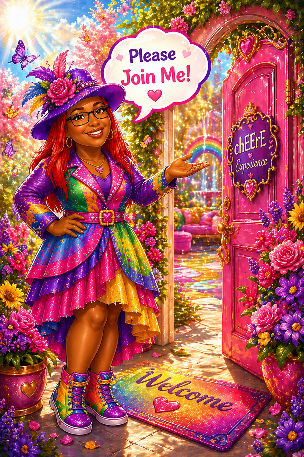 chEErE standing beside a magical door with speech bubble saying Please Join Me